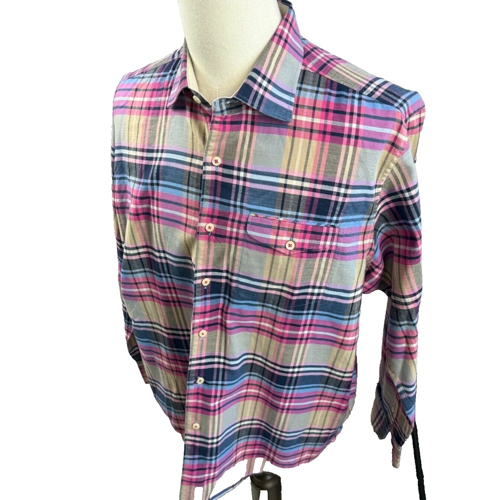 Tommy Bahama Mens Pink Blue Plaid Linen Blend Long Sleeve Large Shirt